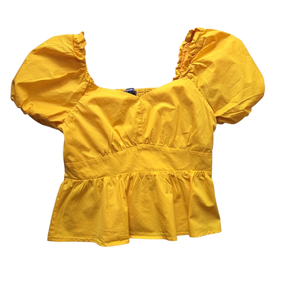 Skies Are Blue Yellow Puff Sleeve Peplum Top Cottagecore ~ Medium